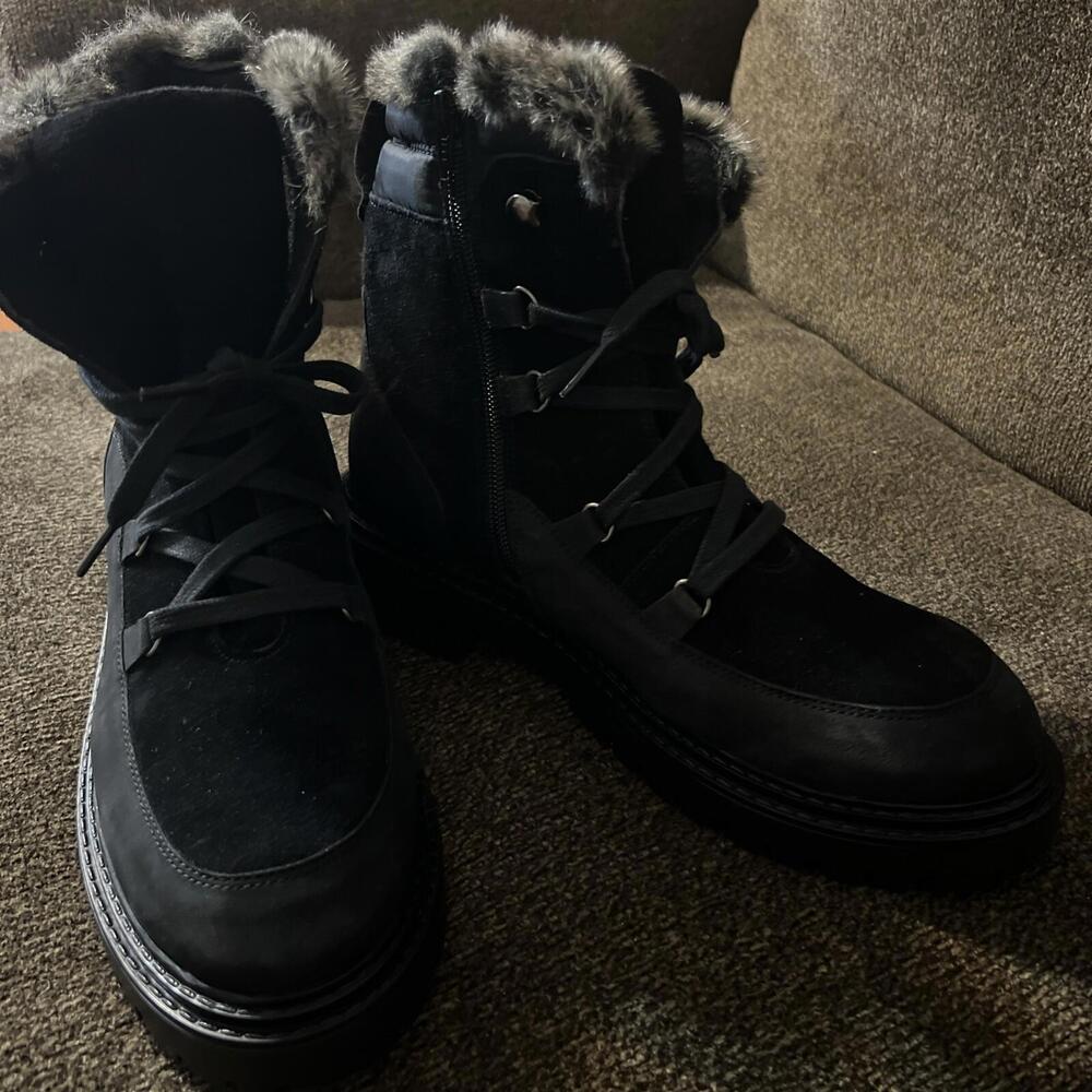 ENJOIYA BLACK COMBAT WINTER BOOTS FAUX SUEDE FUR LEATHER  ZIP LACE UP SIZE 10